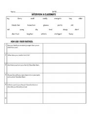 English Worksheet: Interview a Classmate using TO BE and Adjectives 