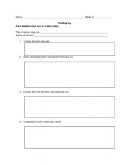 English Worksheet: Reading Log for Self-selected texts: Informational 