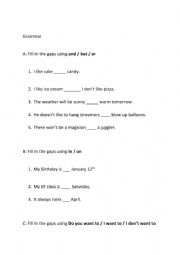 English Worksheet: and/or/but/in/on grammar practice