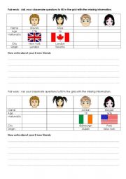 English Worksheet: Pair work Ask questions about new friends