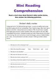 Mini Reading Comprehension (Declans daily routine)