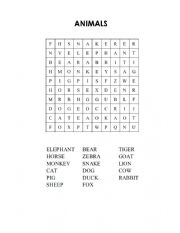 English Worksheet: Animals - word search