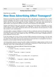 English Worksheet: Advertising - Reading comprehension activity 