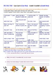 English Worksheet: Tic Tac Toe Can Can�t Could Couldn�t