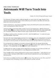 English Worksheet: Piece of News - Astronauts will turn trash into tools
