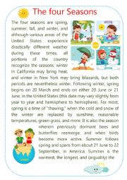 English Worksheet: PART 1 - Reading: The Four Seasons + Writing: Tell about your favorite season and what do you like to do this season.