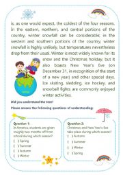 English Worksheet: PART 2 - Reading: The Four Seasons + Writing: Tell about your favorite season and what do you like to do this season.