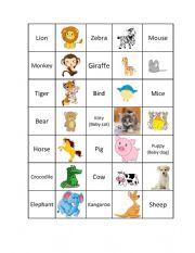 English Worksheet: Animals Memory Gmae