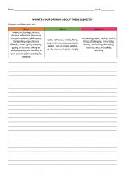 English Worksheet: WHAT’S YOUR OPINION ABOUT THESE SUBJECTS?