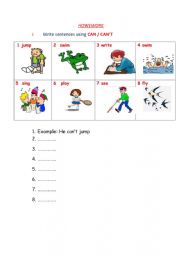 English Worksheet: can can�t