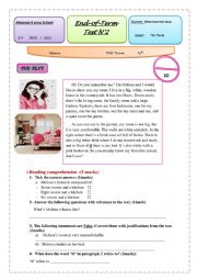 English Worksheet: End of semester 2 English test 7th form