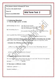 English Worksheet: mid erm test 2 8th form pioneer