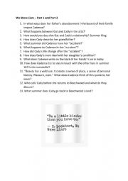 English Worksheet: We were liars study questions part 1 and 2
