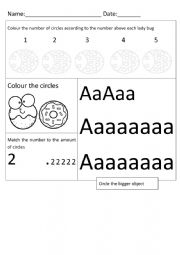 English Worksheet: daily work - kindergarten - math, phonics, world understanding