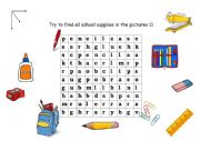 School supplies. Word search. 