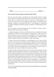 English Worksheet: Why Learning a Foreign Language is Essential in Todays World