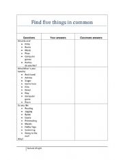 English Worksheet: find-five-things-in-common-icebreakers_1735