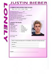 English Worksheet: Lonely Justin Bieber Song