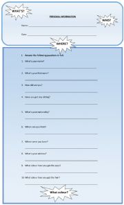 English Worksheet: PERSONAL INFORMATION AND Wh QUESTIONS