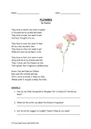 English Worksheet: Poetry comprehension worksheet - FLOWERS