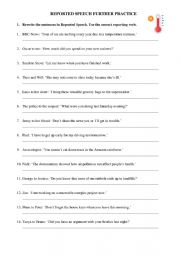 English Worksheet: Reported Speech: statements, questions and orders