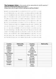English Worksheet: EU nationalities word search