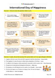 English Worksheet: Happiness Day Speaking Task