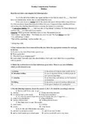 English Worksheet: Reading Comprehension Worksheet Holiday