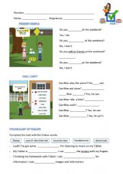 English Worksheet: Vocabulary and can/can�t
