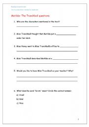 English Worksheet: Matilda Reading Comprehension