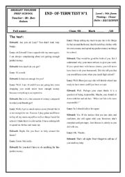 English Worksheet: 9th form end of term 1 test 2020-2021