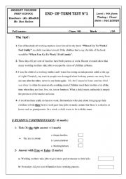English Worksheet: 9th form end of term 1 test ver. 2