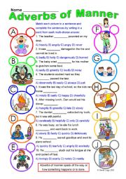 Adverbs of Manner multi-choice worksheet with answer keys