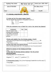 English Worksheet: Mid term test N1 9th formers Tunisian pupils.