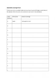 English Worksheet: Alphabetic Scavenger Hunt