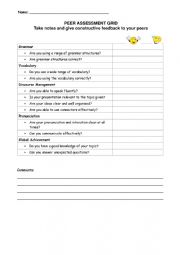 English Worksheet: Peer Assessment Grid
