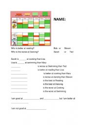 English Worksheet: Ability / Hobbies comparatives superlatives table and questions worksheet