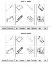 English Worksheet: School objects. Cut and paste