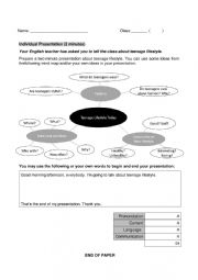 English Worksheet: Speaking Assessment_Teenage Lifestyle