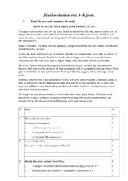 English Worksheet: final evaluation 8-th form