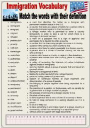 English Worksheet: Topical Vocabulary - Immigration vocabulary and definitions. Matching ex... + KEY