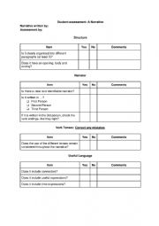 English Worksheet: PEER-ASSESSMENT RUBRIC - A NARRATIVE