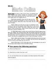 English Worksheet: reading comprehension about Maria Callas 