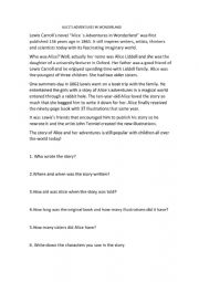 English Worksheet: alice in wonderland reading comprehension