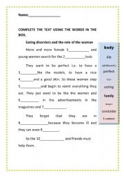 English Worksheet: EATING DISORDERS AND THE ROLE OF THE WOMAN (with key)
