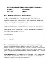 English Worksheet: READING COMPREHENSION 