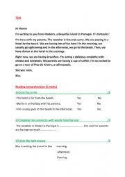 English Worksheet: reading comprehension test 6th form (TUNISIAN) 