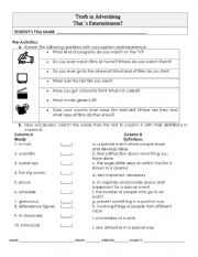 English Worksheet: Truth in Advertising / Thats Entertainment?