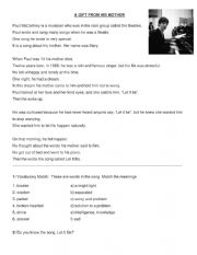 English Worksheet: A Gift From His Mother - Let It Be