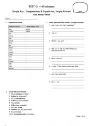English Worksheet: Test Simple Past, Comparatives & Supelative, Simple Present and Modal verbs